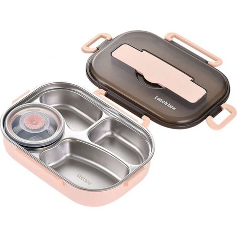 Boîte à Lunch Isotherme en Acier Inoxydable et Plastique4 Compartiments, Étanche et Durable, Maintient la Température des Aliments, Rose (1/5)