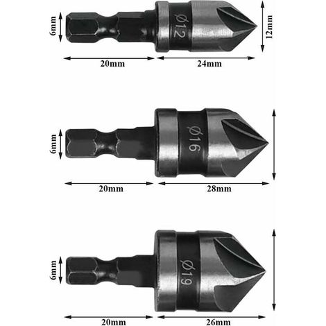 Set di 6 punte esagonali per smussatura, punta per svasatura a 90°, diametro punta svasatura 6-19 mm, adatto per metallo e legno (1/3)