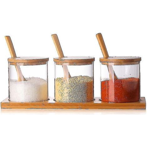 Bocaux en verre transparent avec couvercle en bambou, Spond D-3pcs- (1/4)