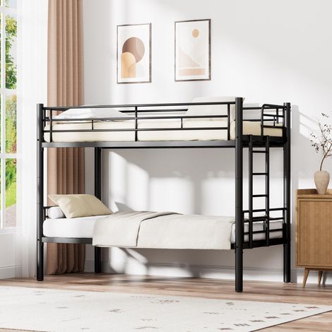Lit superposé enfant 90x200cm avec barrière de sécurité, convertible en 2 lits simples, sommier à lattes et marches antidérapantes, noir