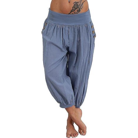 Yogahose für Damen, Seitentaschen, Haremshose, knöchellang, schnelltrocknend, feuchtigkeitsableitend, leicht, im Boho-Hippie-Stil, hellblau, orange, cremeweiß, Größe XL (1/5)