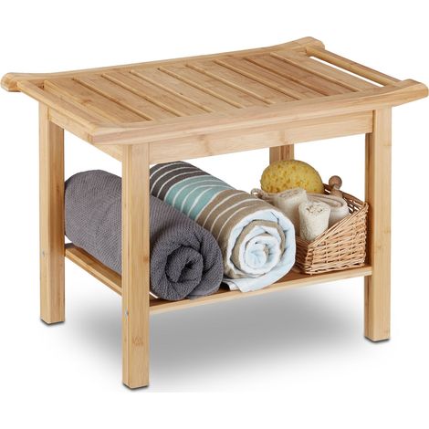 Relaxdays Badezimmer Bank Bambus, Sitzbank Bad, Ablage Badhocker Holz, HxBxT: 45 x 66 x 40 cm, Badezimmermöbel, natur (1/3)