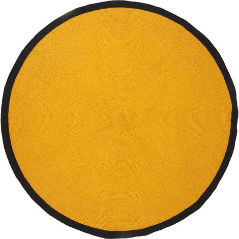 Tapis Rond Ø120cm Style Rétro Coton Jaune Moutarde et Bord Noir (1/3)