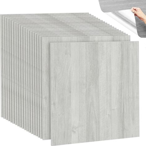 Lot de 20 panneaux muraux autocollants, aspect lattes de bois, panneaux muraux 3D, panneau de plafond 3D, papier peint 3D, panneaux muraux décoratifs, 30 x 30 cm, gris clair (1/5)