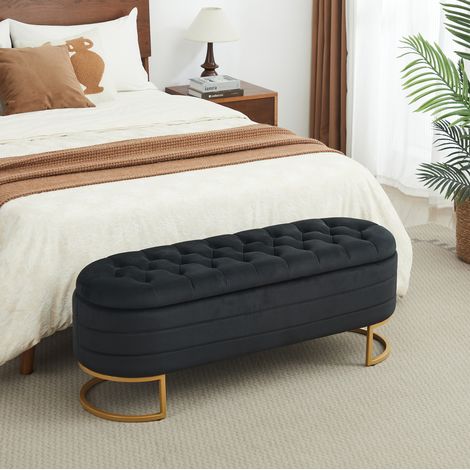 MODFU – Banco arcón capitoné de terciopelo con compartimento ventilado y capitoné con clavos, carga 150 kg, patas de metal dorado antideslizantes – Negro (1/5)