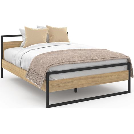 Idmarket – Lit double industriel 140 x 190 cm – Tête de lit 80 cm – Sommier 26 lattes métal noir – Design moderne effet bois (1/5)