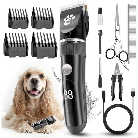Tondeuse pour chiens, kit de toilettage pour chiens, 2 vitesses, faible bruit, IPX5, imperméable, écran LED sans fil, adapté aux chiens et chats de petite et moyenne taille (1/5)