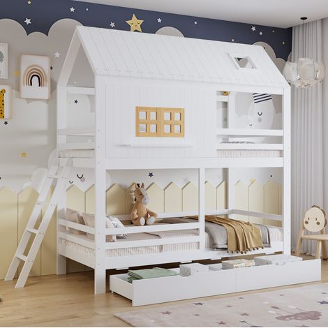 Cama alta infantil 90x200 cm con techo, ventanas, 2 cajones, blanco natural (1/5)