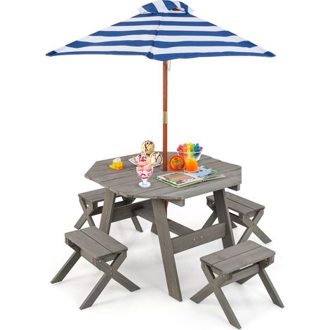 COSTWAY Wooden Octagon Table Set Kids Outdoor Toddler Wooden Picnic Table w/Umbrella