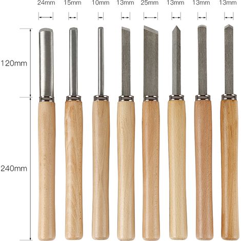Sifree – Jeu de 8 ciseaux à bois – Lames en acier rapide HSS – Longueur 360mm – Largeur de lame 24/15/10mm – Outils de tournage complets