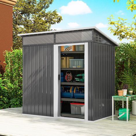 Abri de jardin 182 cm Gris en métal avec fenêtres à porte coulissante et ventilation pour rangement extérieur 195x122x159/