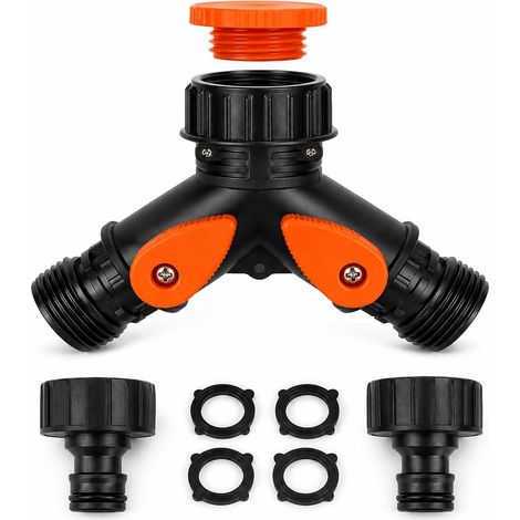 Répartiteur d’Eau en Y pour Robinet, Connecteur 2 Sorties avec Raccord 3/4 Pouce et Adaptateur 1/2 Pouce, Vannes Séparées et Débit Réglable (1/5)