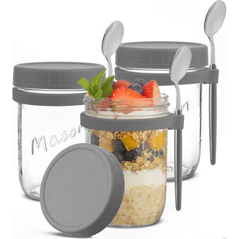 Pot à Oats de Nuit Gris, Lot de 3 Bocaux en Verre pour Conservation Alimentaire, Idéal pour Préparations Froides et Rangement Étanche (1/5)