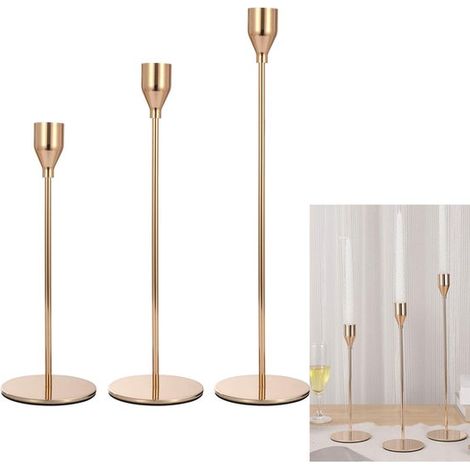 Ensemble de 3 bougeoirs, bougeoirs hauts, bougies coniques, décoration de table, bougeoirs dorés, accessoires de décoration pour la maison (1/5)