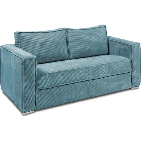 Divano letto 4 posti express in velluto a coste azzurro turchese con seduta memory foam - Letto 160 cm - Materasso 22 cm memory foam - LORETO (1/5)