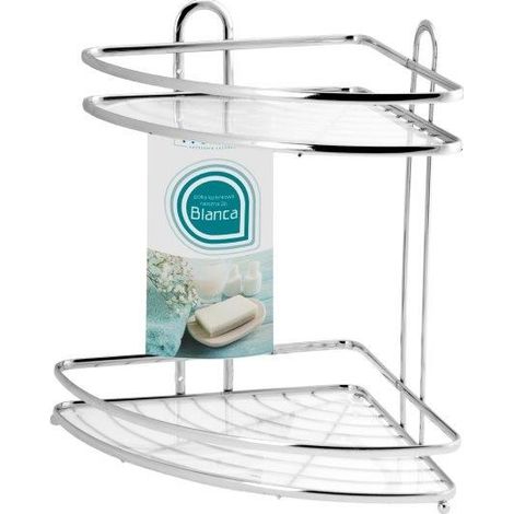 Estante esquinero de baño de 2 niveles, color blanco, acero cromado brillante, para colocar de pie o en la pared. (1/4)