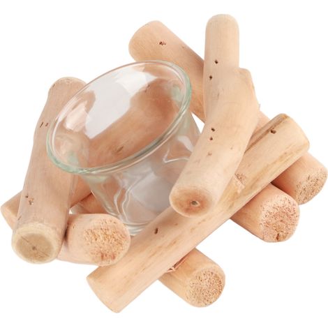 Porte-bougie chauffe-plat en bois fait main avec coupelle en verre, style rustique et champêtre, idéal pour une décoration de maison de campagne. (1/5)