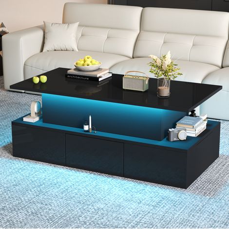 Tavolino da salotto sollevabile 100x50x40 cm in MDF nero con LED, 4 cassetti - CHICFURN (1/5)