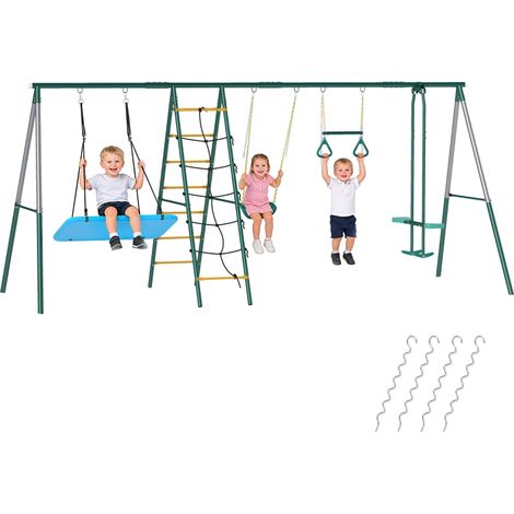 Portique 5 en 1 avec balançoire nid réglable, anneaux de gymnastique, structure d'escalade double pour enfants de 3 à 8 ans, 440 x 175 x 203 cm