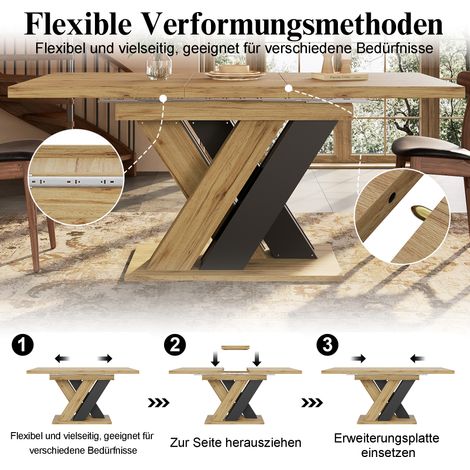 Table extensible à glissières (119-158,5×80cm), table de cuisine et salle à manger, rallonge intégrée pour passer de 119 à 158,5cm, bois naturel, pieds croisés en X, idéale pour cuisine et séjour. (1/5)