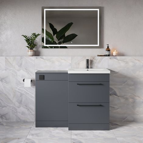 Napoli 390 Gloss Grey 1100mm 2 Drawer Vanity Unit Toilet Suite with Glide Basin - 1100mm - Matt Black 320mm HandleWithout Kingston Toilet Pan
