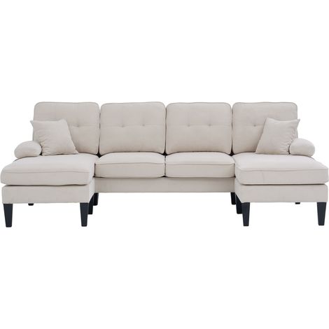 Beiges U-Form Sofa 4-Sitzer aus Leinen mit zwei Chaiselongues und weichen Kissen (1/5)