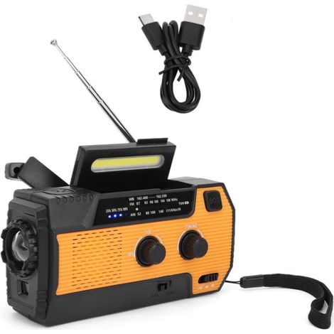 couleur orange,Radio Solaire, Radio météo d'urgence AM/FM à manivelle, avec Dynamo, Chargeur USB Rechargeable 4 000 mAh, Alarme SOS, Lampe Torche LED, pour la Maison, Le Camping et la randonnée