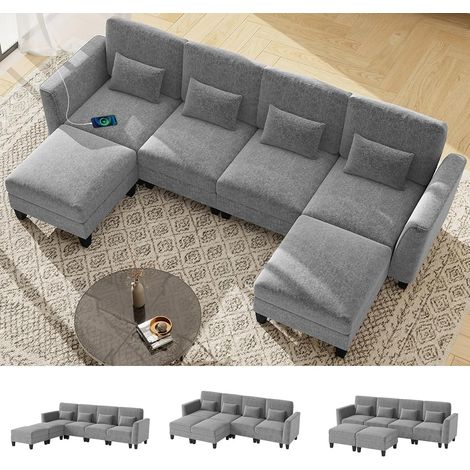 COSTWAY Divano Modulare con 2 Pouf, Divano a Forma di U con Porte di Ricarica USB e Tipo-C, Set Divano da 4 Posti con Doppio Chaise Longue, 280 x 144 x 84 cm (Grigio) (1/5)