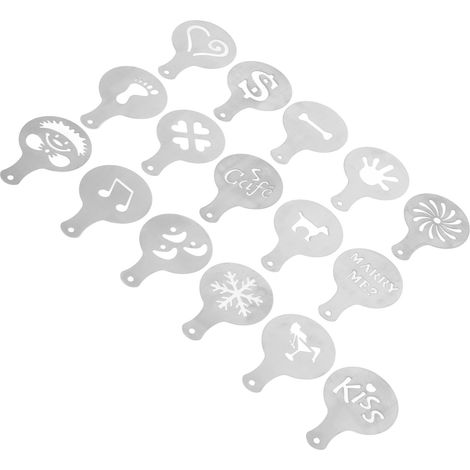 Lot de 16 pochoirs décoratifs pour café, gabarit en aluminium alimentaire pour latte, cappuccino, chocolat chaud et avoine (1/5)