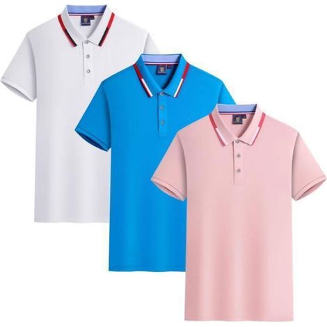 Lot de 3 Polo Homme Ete Manches Courtes T-Shirt Elegant Top Respirant - Blanc-Bleu-Rose (1/4)