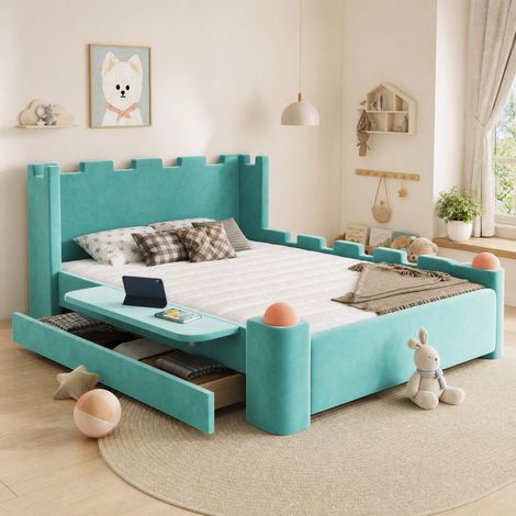 Letto bambino matrimoniale 140x200 cm con cassetto, mensola pieghevole, velluto blu verde (1/5)