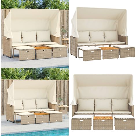 Outdoor-Sofa 3-Sitzer mit Dach und Hockern Beige Poly Rattan - Gartensofa - Outdoor-Sofa - Lounge Set - Rattan Möbel - Gartenmöbel - Home & Living (1/5)