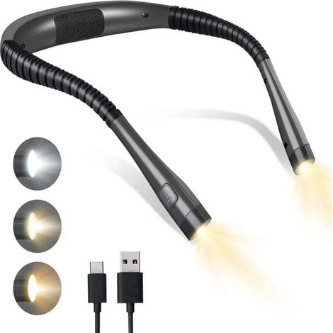 Lampe Lampe de lecture tour de cou rechargeable au lit, 3 couleurs, 3 niveaux de luminosité, bras pliables, longue durée de vie, parfaite pour lire, tricoter, réparer (1/4)