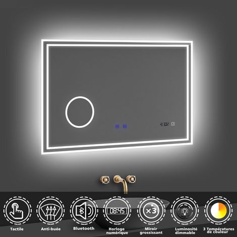 Acezanble – Miroir lumineux de salle de bain 100x60 cm – Bluetooth, 3 couleurs, horloge numérique, loupe x3, anti-buée, cadre en aluminium – IP44