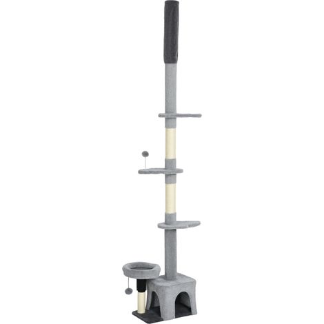 Arbre à chat extensible sol-plafond, tour féline ajustable 225-255 cm, multi-étages, revêtement en peluche gris (1/5)