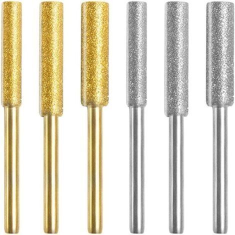 Diamant Affûteur de Tronçonneuse,Affûteur de Tronçonneuse Pierre Bits,Haute Dureté Titane Plaqué Burr Meule Meule, 6 PCS Pierres à Aiguiser avec 3 Tailles Différentes pour Affûter et Poncer (1/5)
