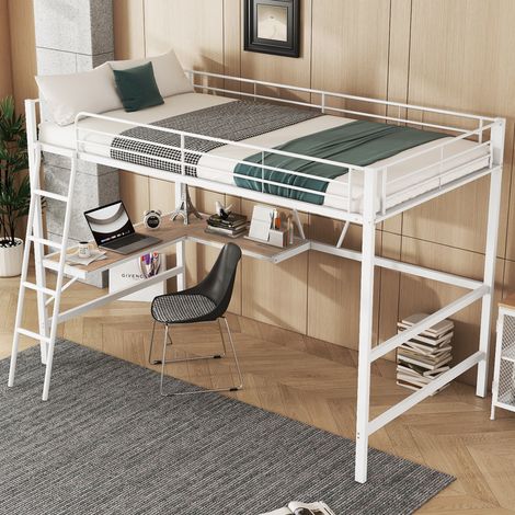 Lit Mezzanine 1 Place avec Bureau en L et Étagère, 90×200 cm, sans Matelas, en Métal, Blanc