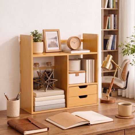 Organiseur de bureau en bambou avec 2 tiroirs, porte-documents et articles de papeterie (1/5)