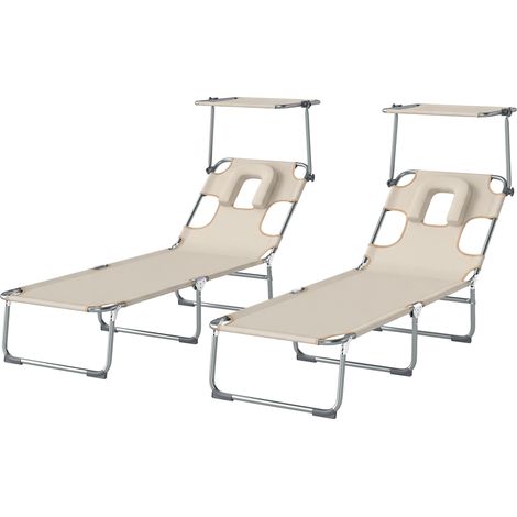 Ensemble de 2 chaises longues pliantes inclinables avec auvent à 360°, ouverture pour le visage, poche latérale et tissu Textilène 550 g/m², beige