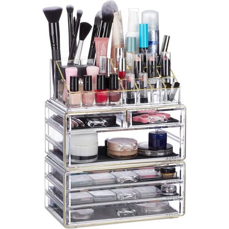 Organiseur de Cosmétiques 6 Tiroirs 22 Casiers Rangement Make-Up Tour à Maquillage Acrylique Doré (1/5)