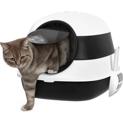 bac à litière pour chat pliable porte battante lucarne + pelle fournis noir blanc