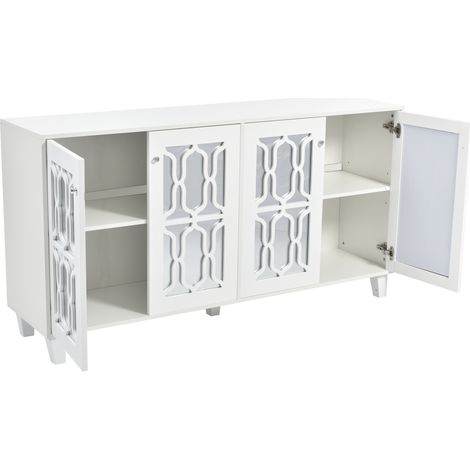 Buffet blanc avec surface miroir, 4 portes, poignées en cristal, 160 x 40 x 84 cm (1/5)