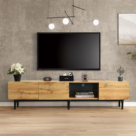 Meuble TV moderne à finition bois 175x31x41 cm – Comprend LED réglable intégré, meuble pour salon et télévision (1/5)