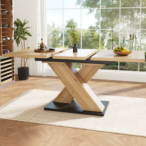 Table à manger extensible MDF coloris bois naturel 119-158,5x80x75 cm, pieds croisés, 6 à 8 personnes (1/5)