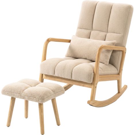 Rocking-Chair en Bois Beige, Repose-Pieds, Assise Spacieuse, Fauteuil à Bascule Intérieur Salon Bureau Chambre (1/5)
