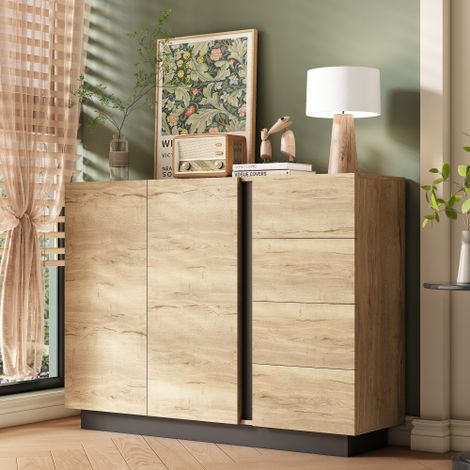 Buffet moderne 120x35.5x90.5cm - avec 4 tiroirs et 2 portes - style rétro - avec des étagères réglables - naturel (1/5)