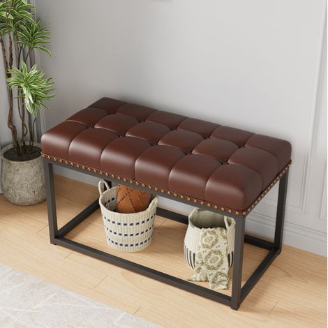 Vintage-Polsterbank 90 x 46 x 52 cm aus braunem Kunstleder und schwarzem Metall OKMYHOME (1/5)