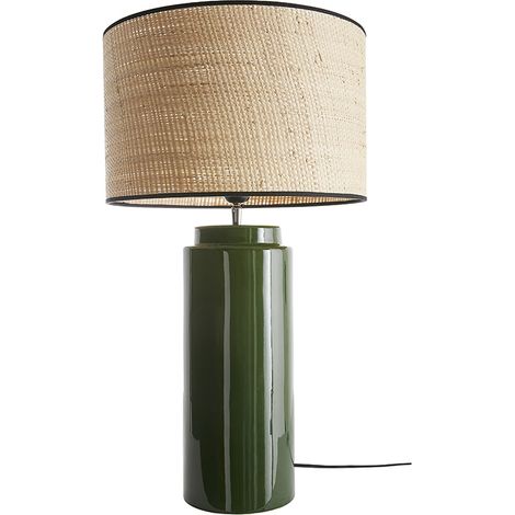 Lampada da tavolo in ceramica smaltata verde e paralume in rafia naturale H64 cm MAJES