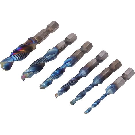 Jeu de 6 tarauds combinés à queue hexagonale, tarauds à goujures hélicoïdales, outil de taraudage en acier rapide, revêtement coloré (1/5)