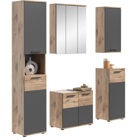 Conjunto para baño: Mueble bajo lavabo, columna, armario de almacenamiento con espejo + 2 medias columnas – Gris antracita y